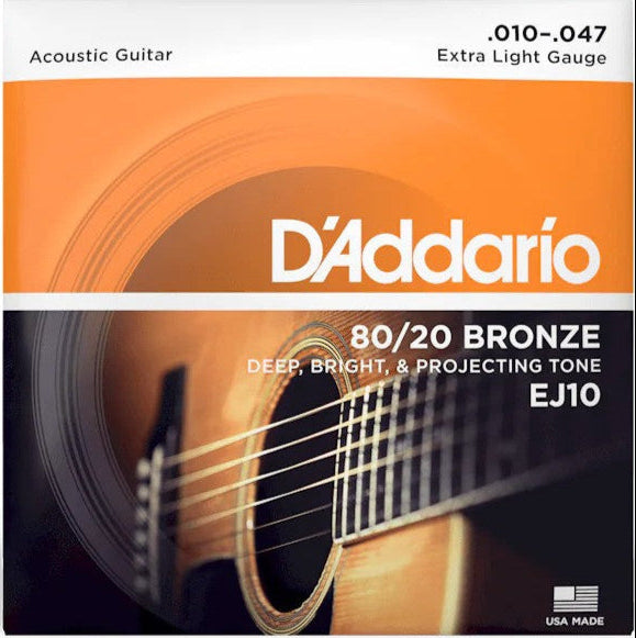 D'Addario EJ10 80/20 Bronze Acoustic Strings Extra Light - 10-47 Gauge