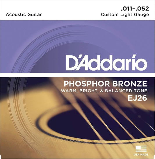 D'Addario EJ26 Phosphor Bronze Acoustic Strings Custom Light - 11-52 Gauge