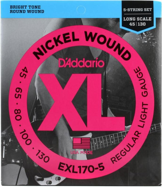 D'Addario EXL170-5 Nickel Wound 45-130 Bass Guitar Strings, Long Scale