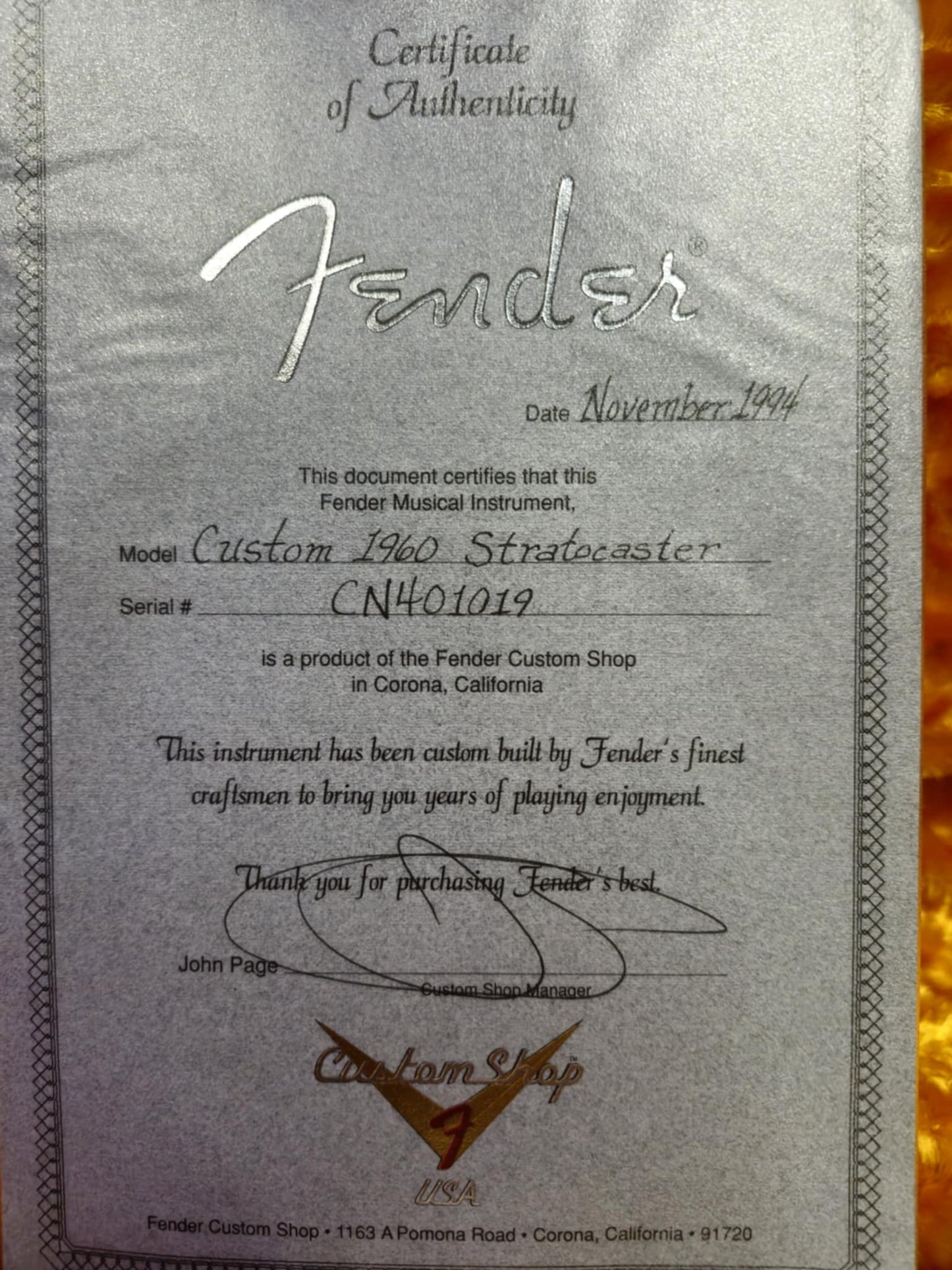 Fender Custom Shop 1960 Stratocaster 1994 (Pre-owned) *COLLECTION ONLY*