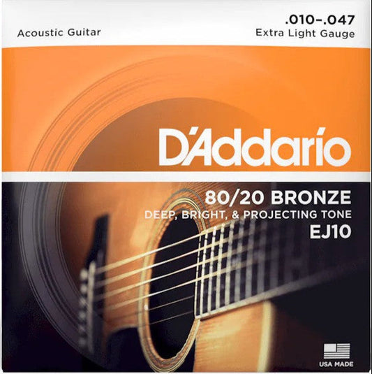 D'Addario EJ10 80/20 Bronze Acoustic Strings Extra Light - 10-47 Gauge